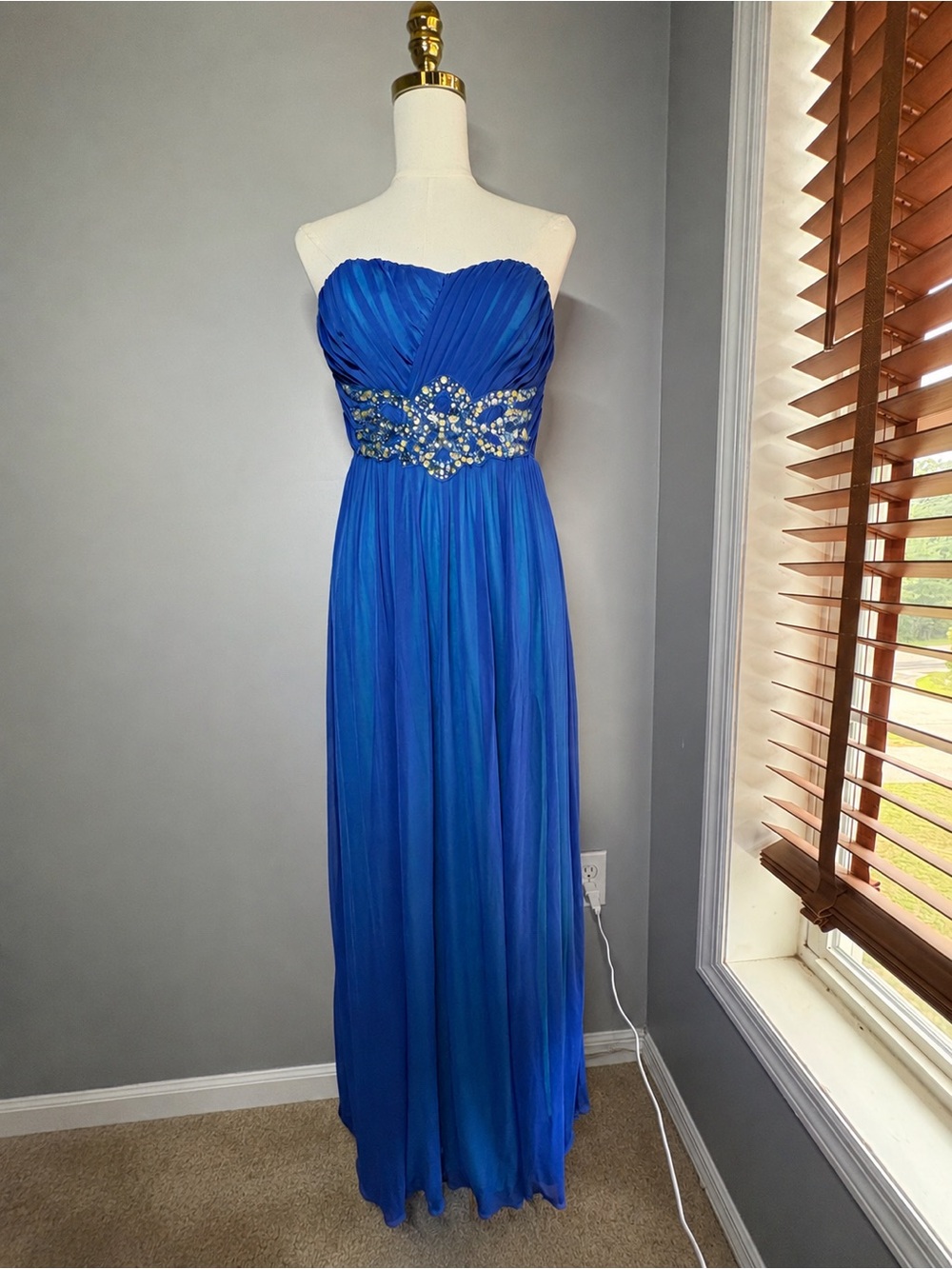 Y2K DEB Strapless Royal Blue Evening Gown with Beaded Waist